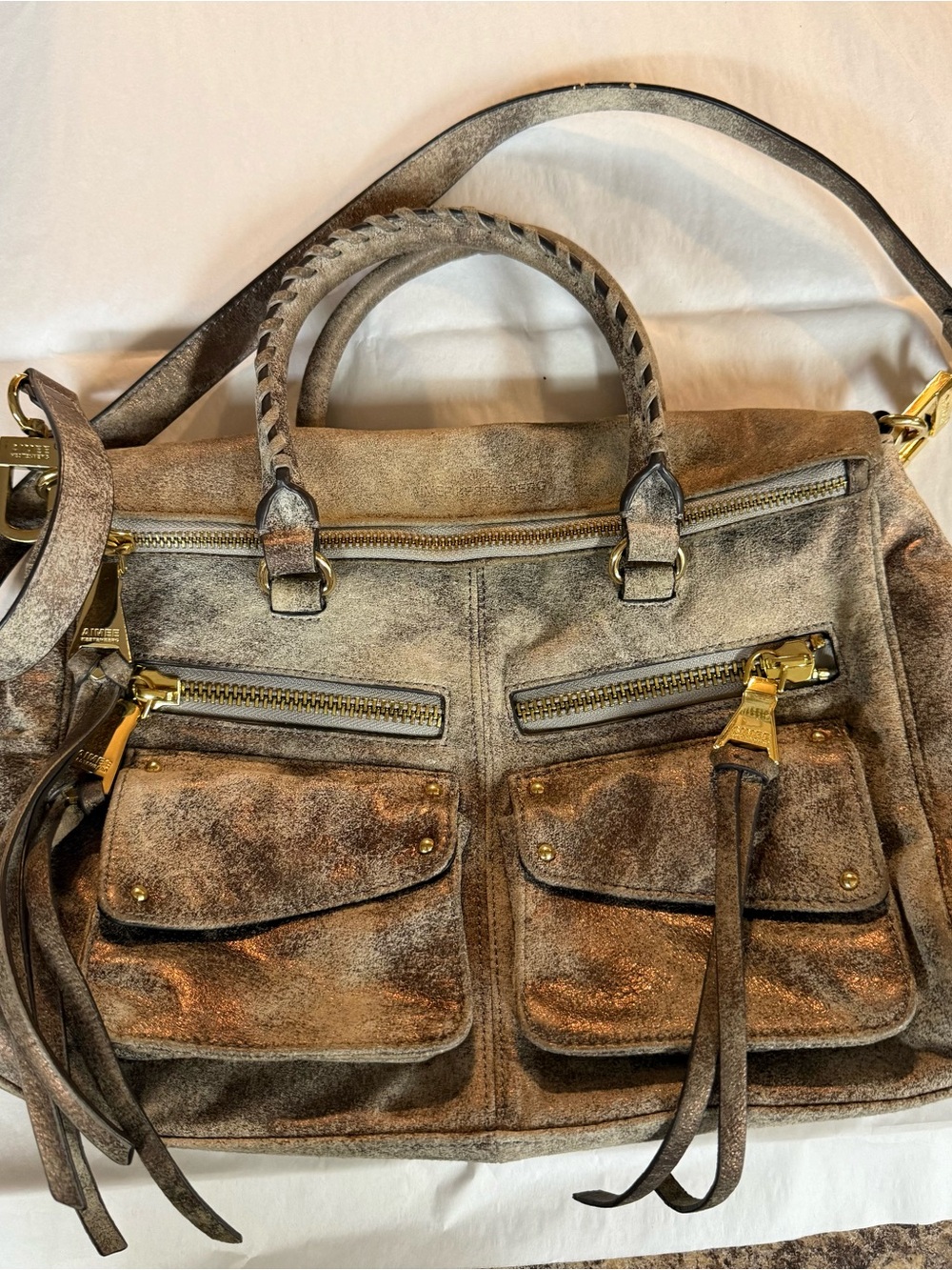 Aimee Kestenberg Soho Leather Satchel Distressed Metallic Gold Bronze Boho Bag